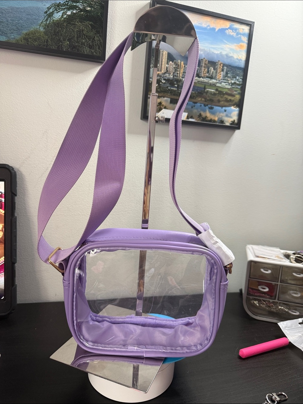 Lilac Clear Panel Crossbody Bag with Adjustable Strap